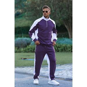 Ensemble de survêtement léger pour homme en coton 100% violet et blanc, sweat-shirt à demi-zip et pantalon décontracté à manches longues avec cordon de serrage - Product Image 3