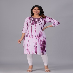 Women Purple Tie <b>Dye</b> Printed Kurti with , 3/4 Sleeves Embroidery Casual Ethnic Wear Straight Kurta for Daily Wear . - Product Image 1