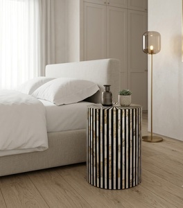 Black White Bone Inlay <b>Stool</b> Resin Wood Side Table Modern <b>Bedside</b> Ottoman <b>for</b> Living Room Bedroom - Product Image 3