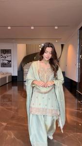 Mint Green Indian Pakistani Wedding Set <b>Women</b> Mid Length <b>Kurta</b> Palazzo Dupatta Loose Fit Embroidered Ethnic Outfit - Product Image 2
