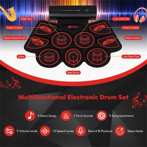 Set di Batteria Elettrica Pieghevole a 9 Pad per Principianti, Connessione MIDI USB, Doppi Altoparlanti Stereo, Nero e Rosso, con Tamburo in Silicone - Product Image 6