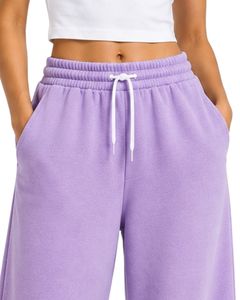 Custom Lavender Women Wide Leg Sweatpants High Waist Loose Fit Casual Streetwear Lounge Fleece <b>Trousers</b> <b>With</b> Drawstring <b>Pockets</b> - Product Image 5