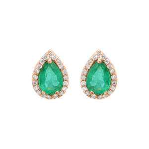 Pendientes de Oro Amarillo de 18k con Esmeralda Natural en Forma de Pera y Halo de Diamantes, Joyas Memoria, Venta al Por Mayor - Product Image 2