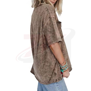 Camiseta de Manga Corta con Cuello en V para Mujer, 100% Algodón, Corte Holgado, Color Sólido Lavado, Estilo Bohemio con Bolsillo, para Primavera/Verano - Product Image 5