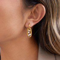 Boucles d'oreilles double anneau en acier inoxydable plaqué or avec zircon, très tendance