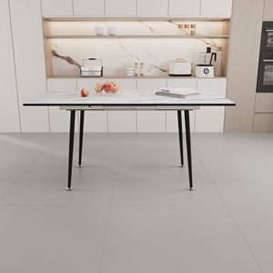 Modern Industrial <b>Kitchen</b> Dining <b>Table</b> 63\" MDF <b>Square</b> White Marble Pattern Stretchable Equipped with Tapered Features - Product Image 2
