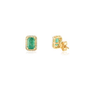 18K Solid Gold <b>Emerald</b> Halo Diamond Drop <b>Stud</b> <b>Earrings</b> for Wedding Gift - Product Image 6