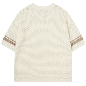 Crochet Knitted Contrast Stripe T Shirt <b>Neutral</b> Short Sleeve Textured Summer Casual Top Breathable Knitwear - Product Image 2