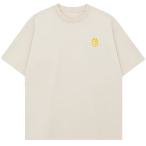 Men Oversized Cream T Shirt Short Sleeve Crew Neck Cotton Casual Streetwear Top <b>Small</b> <b>Chest</b> Logo Print Summer Tee - Product Image 1
