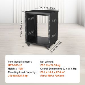 Rack per Attrezzature da Palco 12U, Capacità 300 Libbre, Ruote Bloccabili, Fori Quadrati, per Studio di Registrazione Stereo e Networking - Product Image 3