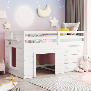 Letto a soppalco singolo con armadio bianco e mensola per bambini (vecchio SKU LP000501AAK) - Product Image 1