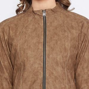 Women's Brown <b>Suede</b> Bomber <b>Jacket</b> Stand Collar Full Sleeve Zipper Closure Autumn Breathable Polyester Lining - Product Image 5