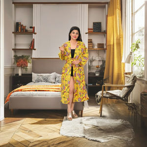 ชุดคลุมคอวีผ้าฝ้ายพิมพ์ลายบล็อก สวมใส่สบาย สวยสง่า เหมาะสำหรับฤดูใบไม้ร่วง ฤดูหนาว ฤดูใบไม้ผลิ ชุดคลุมชายหาดลายดอกไม้ ชุดคลุมคิโมโนสำหรับคุณแม่ตั้งครรภ์ สวมใส่ได้ทุกฤดู - Product Image 1