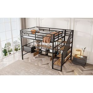 Letto a soppalco in metallo nero a grandezza naturale con scala, tavolo contenitore basso e scaffali portaoggetti - Product Image 5