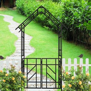 Arco da Giardino in Metallo Nero con Cancello 147,5 cm L x 247 cm H, Supporto per Piante Rampicanti, Traliccio per Rose da Esterno - Product Image 1