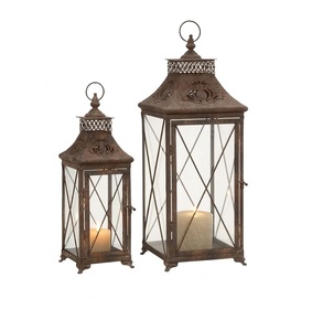 American Style Antique Iron Rectangular Lanterns with Glass Panels and <b>Candle</b> Holders for Home Decoration - Product Image 4