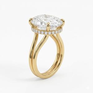 Anillo de compromiso clásico con diamante ovalado de laboratorio de 5 quilates, color DEF, claridad VS-VVS, halo oculto, banda dividida, oro macizo de 14K, banda ancha - Product Image 2