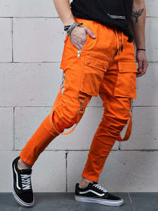 Pantalon cargo orange pour homme, coupe ajustée, avec poches, fermeture éclair, pour toutes les saisons, vêtements d'extérieur - Product Image 1
