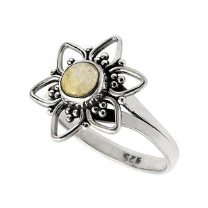 Bague en argent sterling 925 faite à la main avec pierre de citrine ronde de style vintage, petite pierre précieuse, design floral tendance, bagues bohèmes - Product Image 1