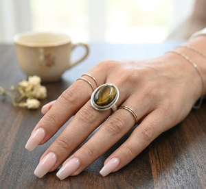 Pure 925 Sterling Silver Tiger Eye Oval <b>Ring</b> Rose Gold and Yellow Gold Plated Handmade Gemstone <b>Statement</b> Jewelry Gift for Her - Product Image 2