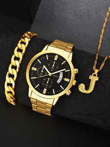 Montre à quartz sportive décontractée pour homme en acier inoxydable doré avec calendrier et bracelet tendance assorti - 192019 - Product Image 3