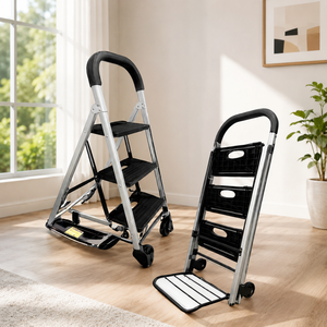 Modern Aluminum Alloy 3-Step Folding <b>Ladder</b> with Wheels Portable Step Stool for Home & Warehouse Use - Product Image 1