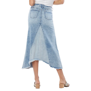 Jupe longue en jean bleu clair délavé à fente avant, taille haute, ourlet effiloché, en coton délavé, style décontracté, qualité supérieure - Product Image 2