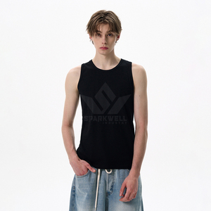 Men's <b>Black</b> Sleeveless <b>Tank</b> <b>Top</b> O-Neck 100% Cotton Knitted Breathable Casual Regular Fit Front Graphic Print Muscle Vest - Product Image 6