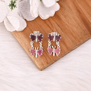 Boucles d'oreilles pendantes en argent massif 925, style bohème, avec pierre précieuse naturelle bio-tourmaline sculptée, sertie à griffes, design personnalisé - Product Image 2