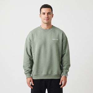 Sudadera Oversize para Hombre con Hombros Caídos, Venta al por Mayor, Alta Calidad, Estampado Personalizado, Verde Salvia Sólido, Algodón, Cuello Redondo, Bordada - Product Image 2