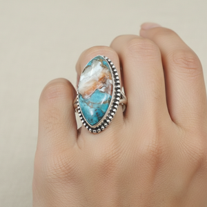 Bague turquoise bleu orange en argent sterling 925, faite à la main, style bohème vintage, bijou de créateur, cadeau - Product Image 2