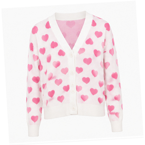 2026 Women's White Heart Print Knitted Cardigan V-Neck Full Sleeve <b>Sweet</b> Style All Seasons Wear Autumn Cardigans Sweaters - Product Image 1