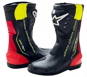 Bottes de moto pour homme, noires, rouges, jaunes, mi-mollet, fermeture éclair, cuir véritable, résistantes à l'abrasion, semelle extérieure en caoutchouc, semelle intermédiaire en EVA - Product Image 1