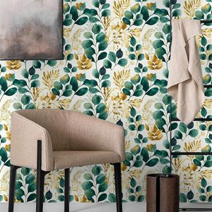 Carta da Parati Moderna Adesiva con Motivi Botanici in Acquerello, Decorazione Murale Autoadesiva con Piante e Foglie Verdi, Dorate e Bianche - Product Image 4