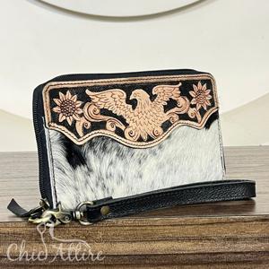 Handmade Stylish Hair on Cowhide <b>Leather</b> Long Wallet Purse <b>Tooled</b> <b>Leather</b> Eagle Design Zip Around Wristlet Clutch for Women's - Product Image 1