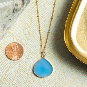 Elegant Blue Chalcedony Vintage Bezel Setting Gold Pendant Dainty Vermeil Charm 14K Gold Filled Satellite Chain Gift Mom <b>Wife</b> - Product Image 1