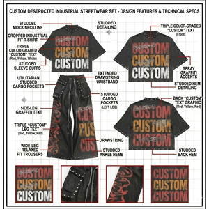 Ensemble T-shirt et pantalon déchiré pour homme, décontracté, avec motif graphique en strass thermocollés, T-shirt à col côtelé délavé à l'acide, Survêtement unisexe pour homme - Product Image 4