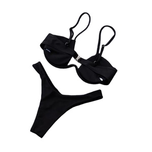 Bordado de las mujeres 2PCS Bikini Set Color sólido de alambre acolchado en forma de V hebilla trasera sujetador triángulo bragas de cintura alta - Product Image 1