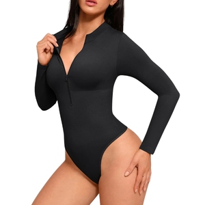 Sexy One-piece Zip Front <b>Bodysuit</b> Knee-Length Long Sleeve Stretch Bottom Anti-Bacterial Anti-Wrinkle Spandex/Nylon Yoga Sports - Product Image 3