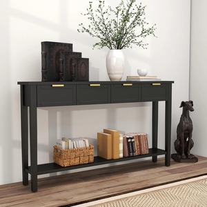 Table de canapé extra longue, finition noire mate, poignées en laiton, tiroirs de rangement, présentoir pour salon - Product Image 2