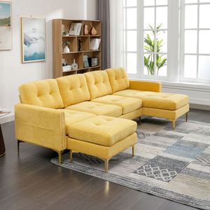 Divano Componibile a L Convertibile da 110 Pollici con Pouf Mobile per Soggiorno, Appartamento o Ufficio - Giallo - Product Image 3