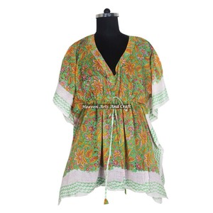 Hand Block Printed Cotton Kaftan Handmade Indian Abaya Kaftan KFCS043 Maxi Design with Short Sleeves XL Size Dubai Fashion Style - Product Image 5