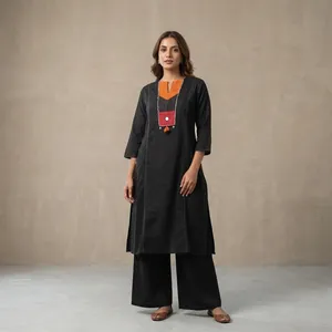 Ramas <b>Women's</b> Casual Solid Cotton Breathable Embroidered 2-Piece Long Summer <b>Kurta</b> Set with Three-Quarter Sleeves Full-Length - Product Image 3