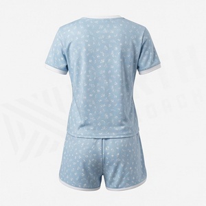 Women's 2 Piece Floral Print Knitted Short Sleeve T Shirt and Shorts Set Crew Neck Above Knee Casual Spring <b>Summer</b> Wear - Product Image 2