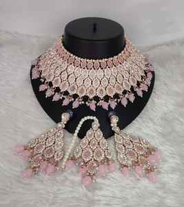 Luxury <b>Rose</b> <b>Gold</b> Plated Zircon Choker Necklace Earring Maang Tikka <b>Set</b> Bollywood Ethnic Wedding Party <b>Jewelry</b> Handcrafted - Product Image 6