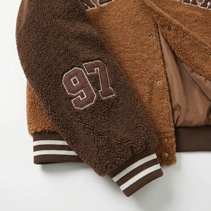 Wholesale Two Tone <b>Sherpa</b> Varsity <b>Jacket</b> | Brown Teddy Bomber with Applique | OEM Streetwear & Collegiate Outerwear Supplier - Product Image 6