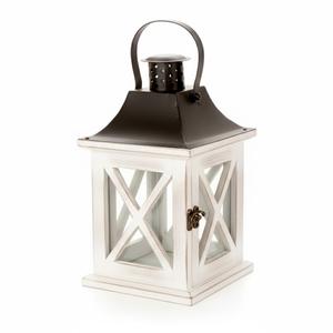 Farol de madera clásico en color blanco envejecido con tapa y asa de metal, portavelas decorativo para decoración del hogar, uso en interiores y exteriores. - Product Image 1