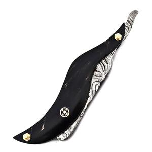 Couteau de poche rasoir droit artisanal en acier Damas avec manche en corne noire, garantie 3 ans, pour camping en extérieur, OEM - Product Image 3