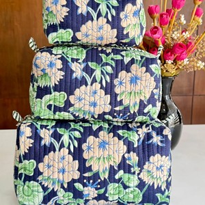 3-Piece Quilted Floral Cosmetic Bag Set <b>Navy</b> Blue with Cream Flowers and Green Leaves Zipper Closure Multi-Function Makeup - Product Image 6