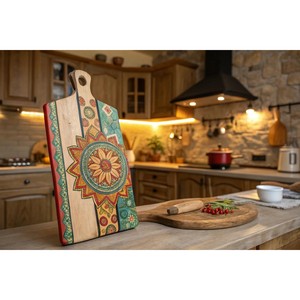 Tabla de Cortar de Madera de Teca Pintada a Mano - Diseño Artesanal Indio de Mandala al por Mayor - Product Image 1